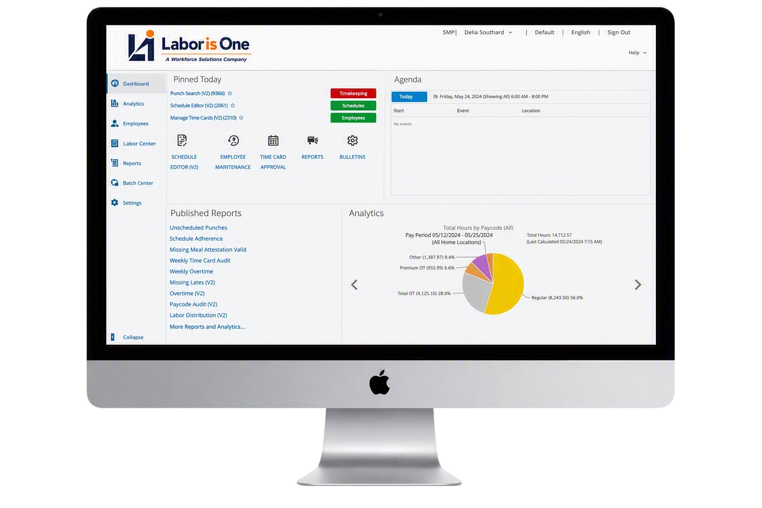The Labor Is One payroll dashboard on a desktop computer, showing timekeeping, schedules, published reports, and labor analytics