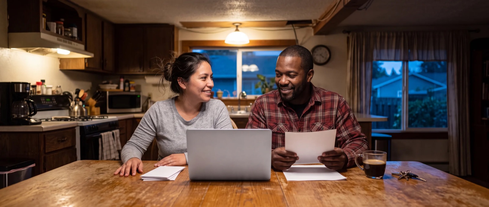 A couple at their kitchen table in the evening going through mail together